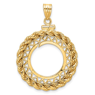 14k Yellow Gold Filigree w/ Rope Screw Top 16.5mm Coin Bezel Pendant - Fits 1/10 oz American Eagle and 1/10 oz Krugerrand