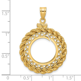 14k Yellow Gold Filigree w/ Rope Screw Top 16.5mm Coin Bezel Pendant - Fits 1/10 oz American Eagle and 1/10 oz Krugerrand