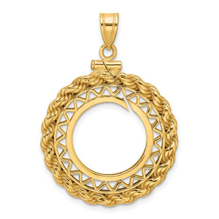 14k Yellow Gold Filigree w/ Rope Screw Top 16.5mm Coin Bezel Pendant - Fits 1/10 oz American Eagle and 1/10 oz Krugerrand