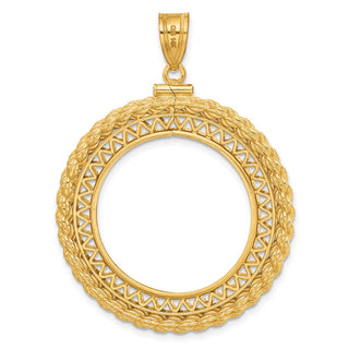 14k Yellow Gold Filigree w/ Rope Screw Top 25.0mm Coin Bezel Pendant - Fits 1/2 oz Maple Leaf and Other Coins