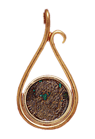 14K Yellow Gold Hook Drop  Pendant With Bronze Roman Coin