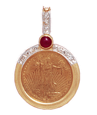 14K Yellow Gold RUBY/DIAMOND ENHANCER Bezel Pendant 16.5 mm