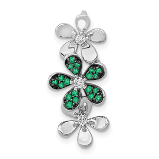 14k White Gold Rhodium Plated Diamond and Emerald 3 Flowers Pendant