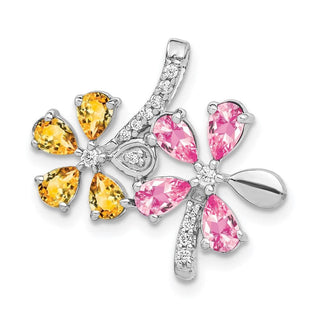 14k White Gold Diamond and 2.44ctw Citrine/Pink Tourmaline Flower Pendant