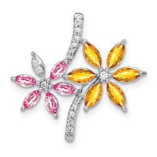 14k White Gold Diamond and 2.20ctw Citrine/Pink Tourmaline Flower Pendant