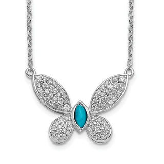 18" 14k White Gold Diamond and Simulated Turquoise Butterfly Necklace