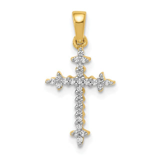 14k Yellow Gold and Rhodium 1/10ctw Diamond Fleur de Lis Cross Pendant