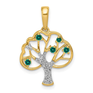 14k Yellow Gold w/ Lab-Created Emerald and Diamond Polished Tree Pendant