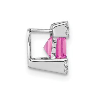 14k White Gold Square Created Pink Sapphire/Diamond Chain Slide Pendant