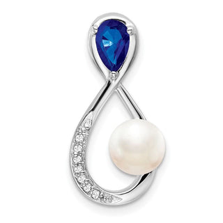 14k White Gold Sapphire/Freshwater Cultured Pearl/Diamond Infinity Chain Slide Pendant