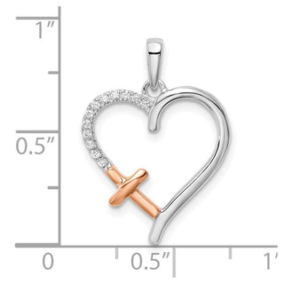 14k Two-tone Gold White and Rose Heart w/Cross Diamond Pendant