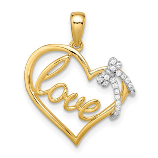 14k Two-tone Gold Polished Heart with Bow Diamond Pendant