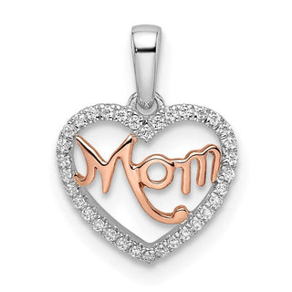 14k Two-tone Gold Diamond White and Rose Mom Heart Pendant