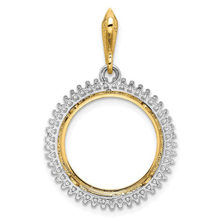 14k Two-tone Gold AAA Diamond Circle Prong 16.5mm Coin Bezel Pendant - Fits 1/10 oz American Eagle and 1/10 oz Krugerrand