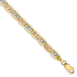 8" 14k Tri-color Gold 4.65mm Rose & White Rhodium-plating Pave Valentino Chain Bracelet