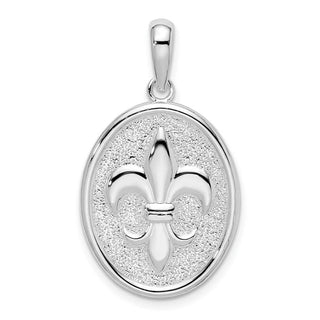 Sterling Silver Polished/Textured Fleur de Lis Large Oval Pendant