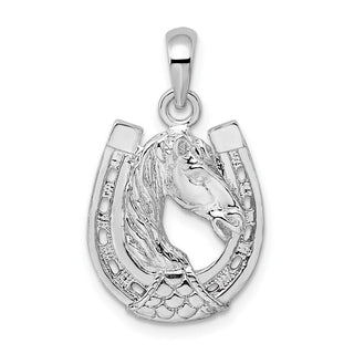 Sterling Silver Rhodium-plated Horse Head in Horseshoe Pendant