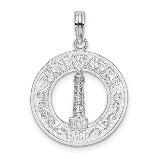 Sterling Silver Polished Pentwater, MI Circle w/Lighthouse Pendant