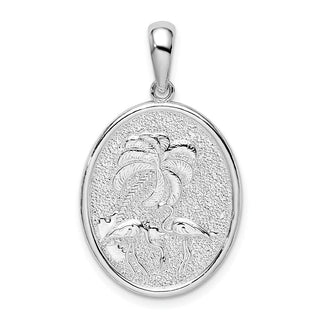 Sterling Silver Textured Flamingos and Palm Tree Oval Pendant