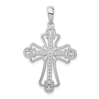 Sterling Silver Polished Beaded Fleur de Lis Cross Pendant