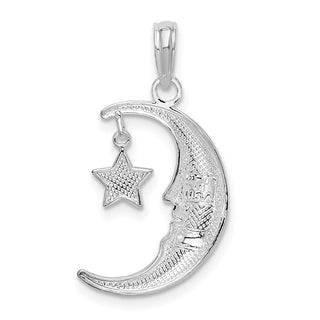 Sterling Silver Rhodium-plated Moveable Crescent Moon w/Star Pendant