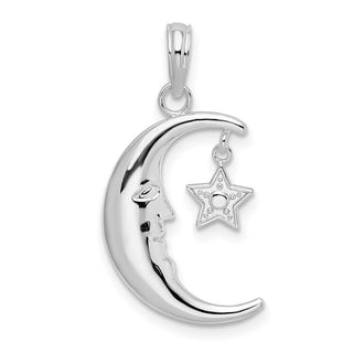 Sterling Silver Rhodium-plated Moveable Crescent Moon w/Star Pendant
