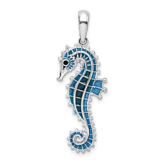 Sterling Silver Polished 3D Enameled Blue Seahorse Pendant