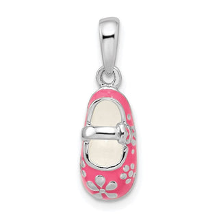 Sterling Silver Polished 3D Pink Enameled Baby Shoe Pendant