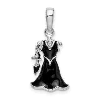 Sterling Silver Polished 3D Enameled Black Dress and Shoe Pendant