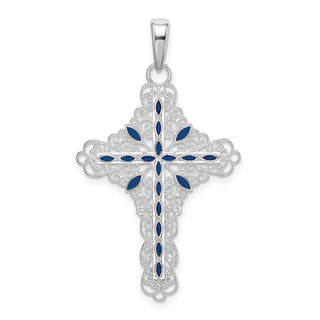 Sterling Silver Polished Enameled Fancy Filigree Cross Pendant