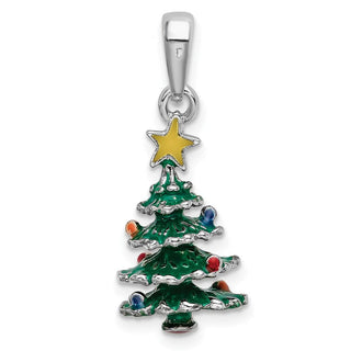Sterling Silver Polished 3D Enameled Christmas Tree Pendant