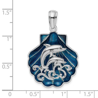 Sterling Silver Polished Enameled Blue Shell w/Dolphins Pendant