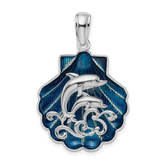 Sterling Silver Polished Enameled Blue Shell w/Dolphins Pendant