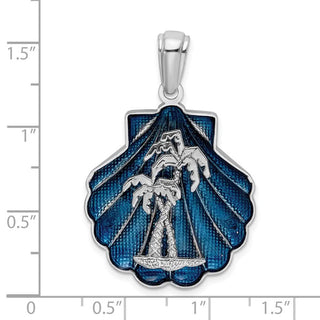 Sterling Silver Polished Enameled Blue Shell w/Palm Trees Pendant