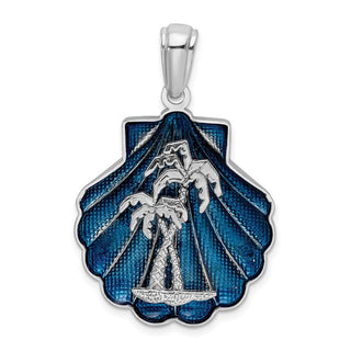 Sterling Silver Polished Enameled Blue Shell w/Palm Trees Pendant