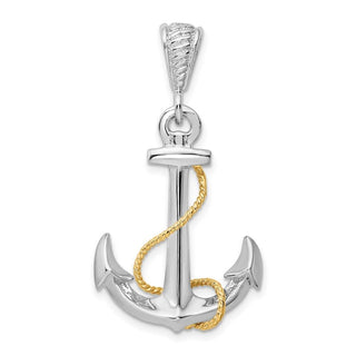 Sterling Silver Polished 3D Anchor w/14k Yellow Gold Rope Pendant