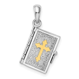 Sterling Silver Textured Lords Prayer Bible w/14k Yellow Gold Cross Pendant