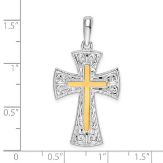 Sterling Silver Polished Fancy Cross w/14k Yellow Gold Accent Pendant