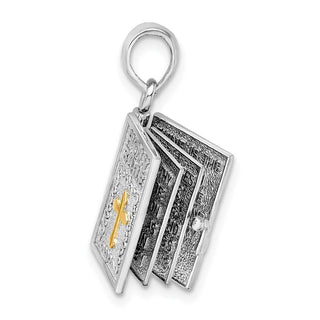 Sterling Silver Textured 3D Lords Prayer Holy Bible w/14k Yellow Gold Pendant
