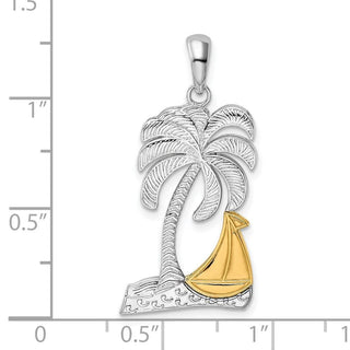 Sterling Silver Polished Palm Tree w/14k Yellow Gold Sailboat Pendant