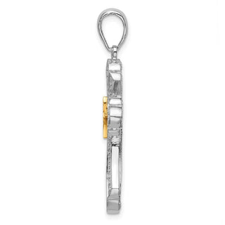 Sterling Silver Polish Filigree Budded Cross w/14k Yellow Gold Accent Pendant