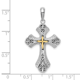 Sterling Silver Polish Filigree Budded Cross w/14k Yellow Gold Accent Pendant