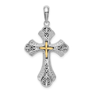 Sterling Silver Polish Filigree Budded Cross w/14k Yellow Gold Accent Pendant