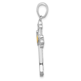 Sterling Silver Diamond-cut Fleur de Lis Cross w/14k Yellow Gold Accent Pendant