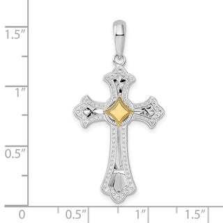Sterling Silver Diamond-cut Fleur de Lis Cross w/14k Yellow Gold Accent Pendant