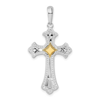 Sterling Silver Diamond-cut Fleur de Lis Cross w/14k Yellow Gold Accent Pendant