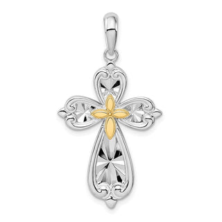 Sterling Silver Diamond-cut Rounded Cross w/14k Yellow Gold Accent Pendant