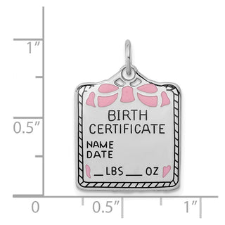 Sterling Silver Pink Birth Certificate Polished Front/Satin Back Charm