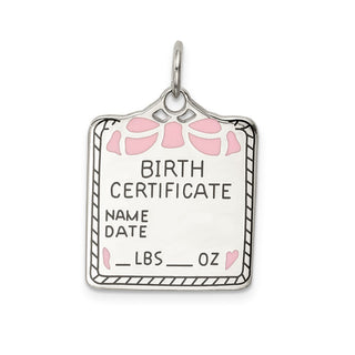 Sterling Silver Pink Birth Certificate Polished Front/Satin Back Charm
