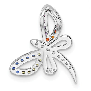 Sterling Silver Rhodium-plated Multicolor CZ Dragonfly Chain Slide Pendant